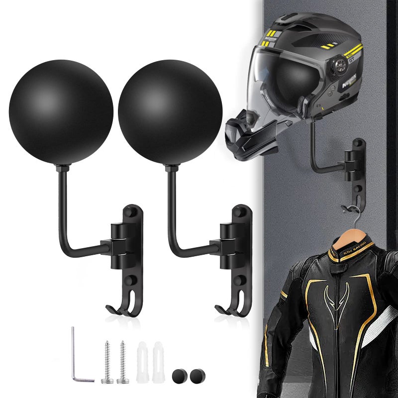 Kikerike Motorcycle Helmet Rack Wall Mount 180 Degree Rotation Metal Bike Helmet Holder Mount Bicycle Helmet Display Hanger Stand with 2 Hooks Motorcycle Accessories for Baseball Rugby Helmet - Black  2 Pcs - Image 2